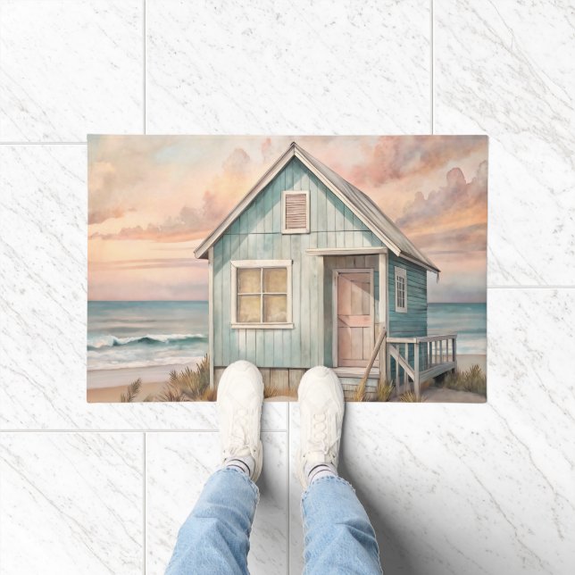 コージーコースタルコテージビーチハウスウォーターカラー ドアマット (室内)