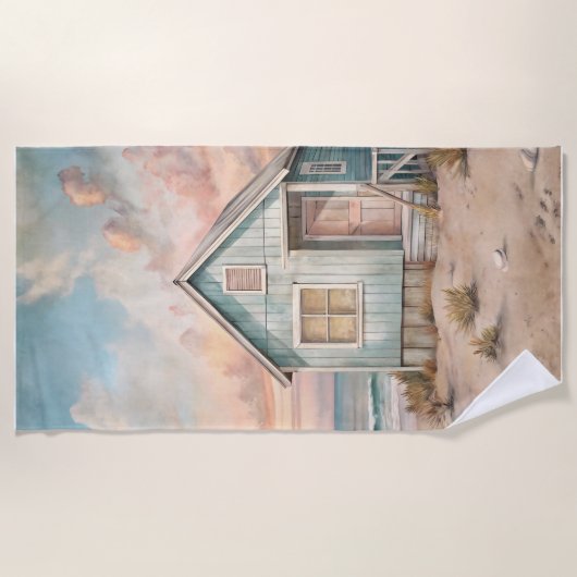 コージーコースタルコテージビーチハウスウォーターカラー ビーチタオル (正面)