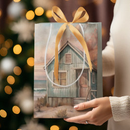 コージーコースタルコテージビーチハウスウォーターカラー ミディアムペーパーバッグ