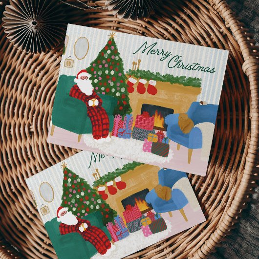 コージーサンタインパジャマ図解入りの、写真付きのスクリスマスカード シーズンカード