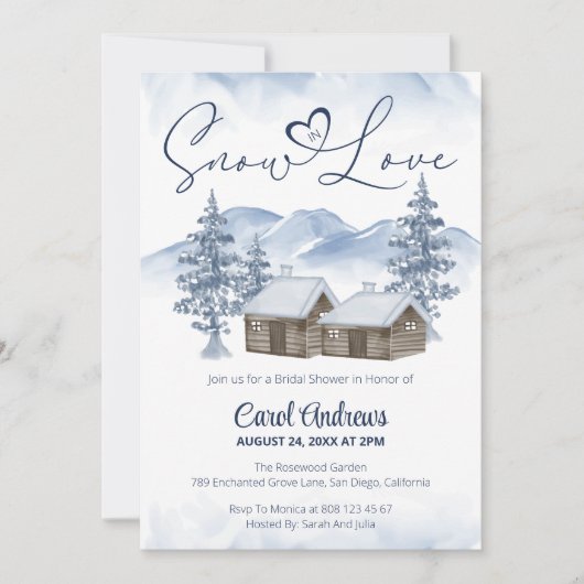 コージースノーインラブウォーターカラーウィンターブライダルシャワー 招待状 (正面)