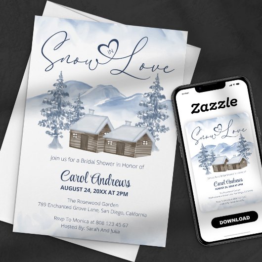 コージースノーインラブウォーターカラーウィンターブライダルシャワー 招待状