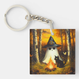 コージーハロウィーン幽霊&ブラックキャットキャンプファイアアート キーホルダー