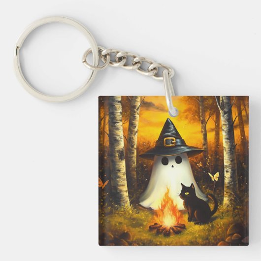 コージーハロウィーン幽霊&ブラックキャットキャンプファイアアート キーホルダー (正面)