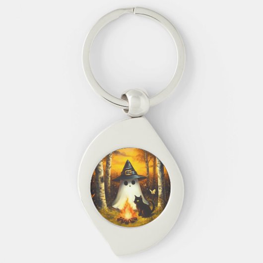 コージーハロウィーン幽霊&ブラックキャットキャンプファイアアート キーホルダー (正面)