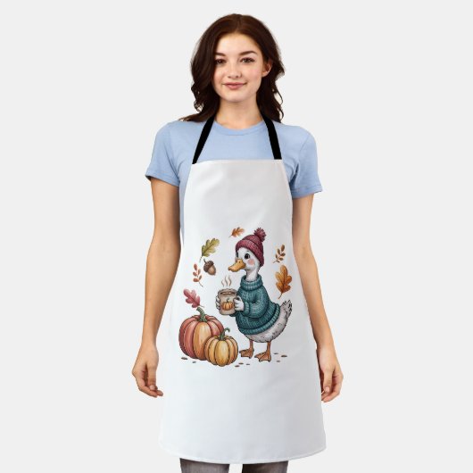 コージーパンプキンコーヒーガチョウ秋アート エプロン (着用した状態)