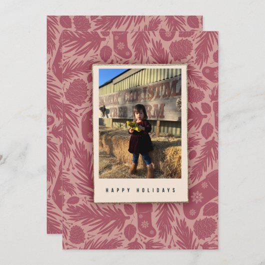 コージーピンクヴィンテージフローラルパターンホリデー シーズンカード (正面/裏面)
