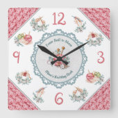 コージーピンク編み物とクロチェットルームデコル時計 スクエア壁時計 (正面)