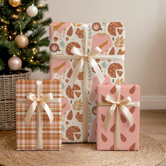 コージーピンク&ブラウンピネコーンプレイドホリデーセーター ラッピングペーパーシート