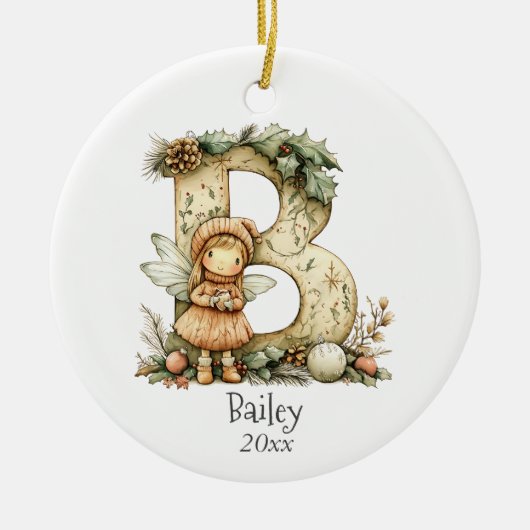 コージーフェアリークリスマスイニシャルパーソナライズされたホリデイ セラミックオーナメント (正面)
