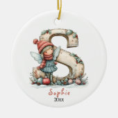 コージーフェアリークリスマスイニシャルパーソナライズされたホリデイ セラミックオーナメント (正面)