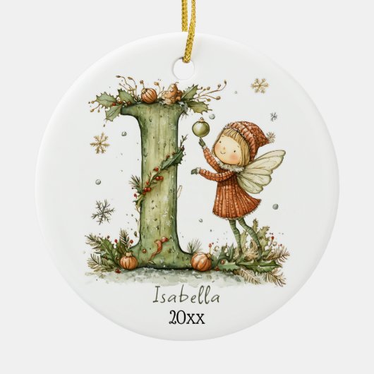 コージーフェアリークリスマスイニシャルパーソナライズされたホリデイ セラミックオーナメント (正面)