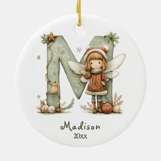 コージーフェアリークリスマスイニシャルパーソナライズされたホリデイ セラミックオーナメント (裏面)