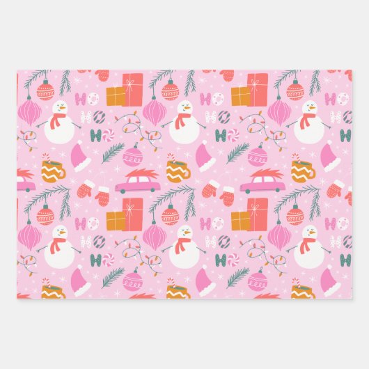 コージーブライトピンク雪だるまクリスマス ラッピングペーパーシート (正面)