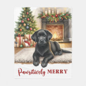 コージーブラックラブラドールドッグホリデーパピークリスマス フリースブランケット (正面)