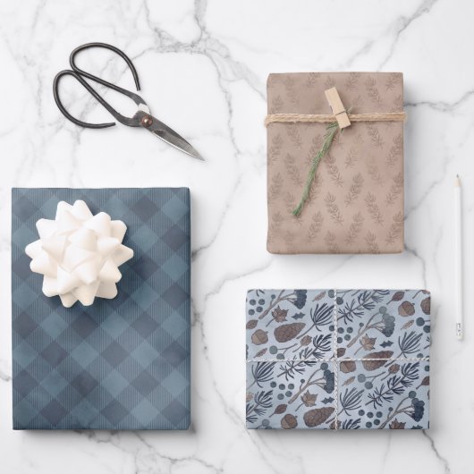 コージーブルーとタンプリドパインコーンとホームラッピング ラッピングペーパーシート (正面)