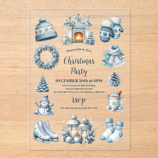 コージーブルークリ素朴スマスパーティー アクリル招待状 (正面)