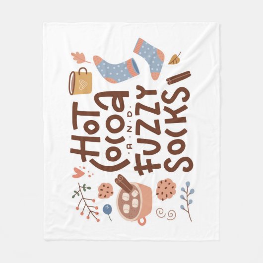 コージーホットココアとファジーソックスデザイン フリースブランケット (正面)