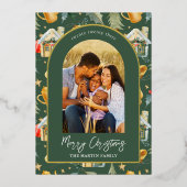 コージーホリデーグリーン図解入りの、写真付きのプリントと写真 箔シーズンカード (正面)