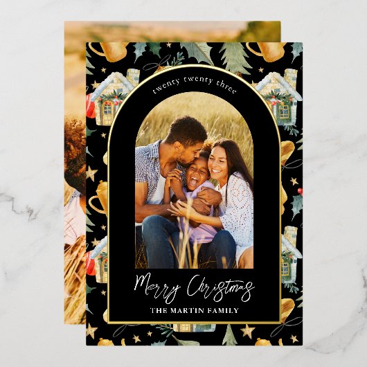 コージーホリデーブラック図解入りの、写真付きのプリントと写真 箔シーズンカード (正面/裏面)