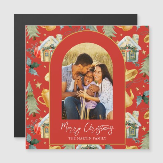 コージーホリデーレッド図解入りの、写真付きのプリントフォトマグネット (正面/裏面)