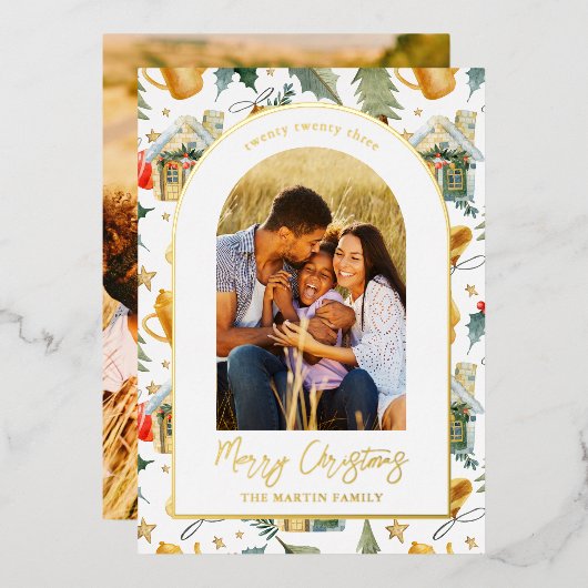 コージーホリデー図解入りの、写真付きのプリントと2枚の写真 箔シーズンカード (正面/裏面)