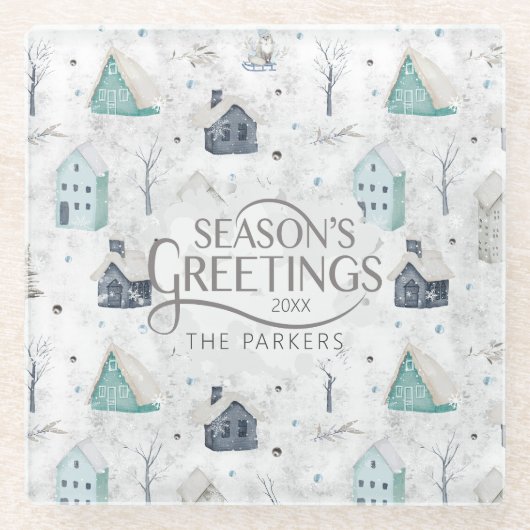 コージーホームクリスマスティール(緑がかった色)ID985 ガラスコースター (正面)