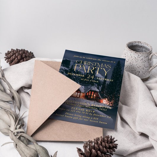 コージーホームフォトクリスマスパーティーフォイル招待状 箔シーズンカード