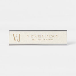 コージーライトベージュリネンとタンモノグラム デスクネームプレート