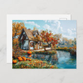 コージーレイクサイドコテージインオータムイラストレーション ポストカード (正面/裏面)