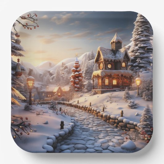 コージーヴィレッジアットクリスマスイラストレーション ペーパープレート (正面)