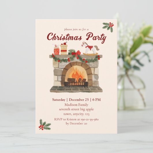 コージー暖炉ヴィンテージクリスマスパーティー 招待状 (スタンド正面)