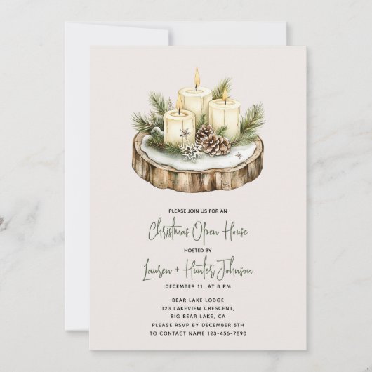 コージー素朴キャンドルクリスマスオープンハウスパーティー 招待状 (正面)