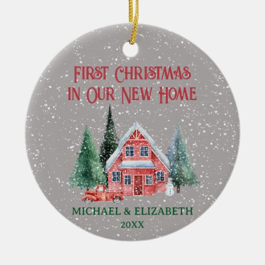 コージー素朴コテージ初めてのクリスマスニューホーム セラミックオーナメント (正面)