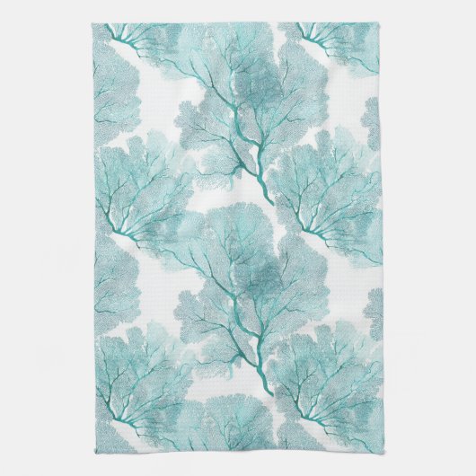 コースタルアクアブルーコーラルシーファンキッチンタオル キッチンタオル (縦)