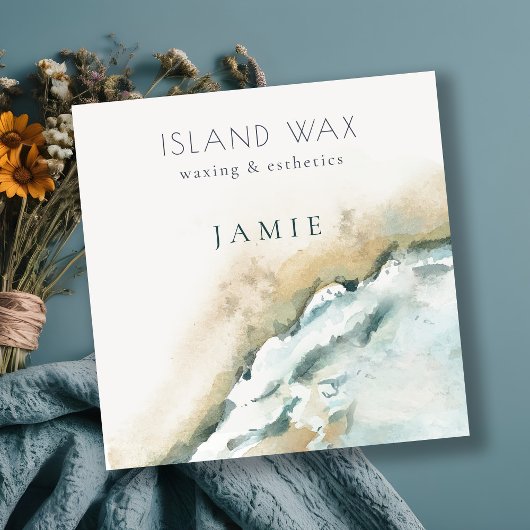 コースタルアクアブルーシーウェーブサンドビーチ水彩色 スクエア名刺