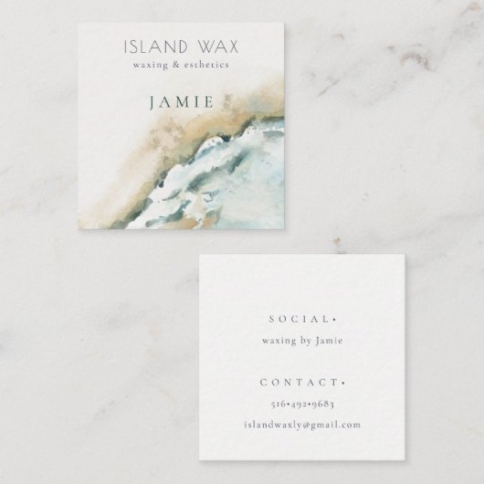 コースタルアクアブルーシーウェーブサンドビーチ水彩色 スクエア名刺 (正面/裏面)