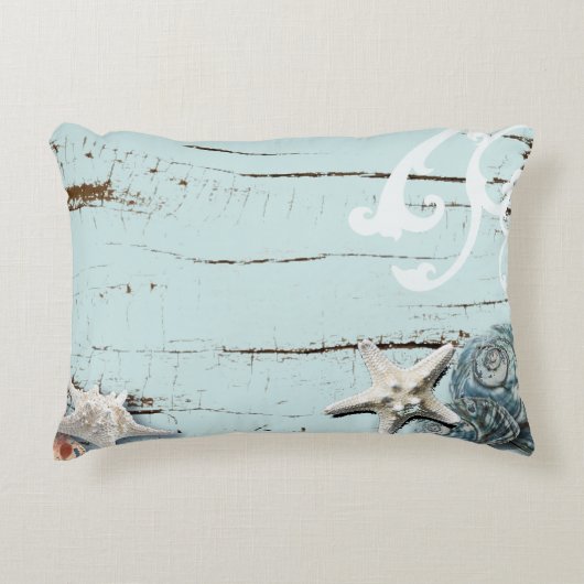 コースタルアクアブルービーチウッドヒトデ貝殻 アクセントクッション (正面)