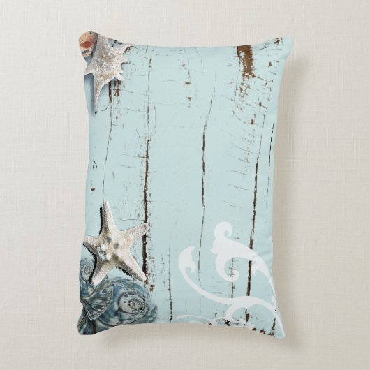 コースタルアクアブルービーチウッドヒトデ貝殻 アクセントクッション (裏面(縦))