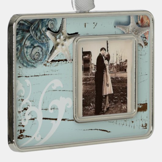 コースタルアクアブルービーチウッドヒトデ貝殻 シルバープレートフレームオーナメント (右)