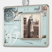 コースタルアクアブルービーチウッドヒトデ貝殻 シルバープレートフレームオーナメント (左)