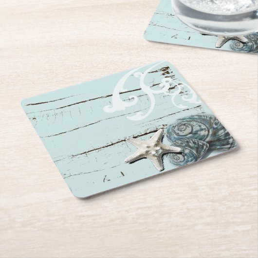 コースタルアクアブルービーチウッドヒトデ貝殻 スクエアペーパーコースター (アングル)