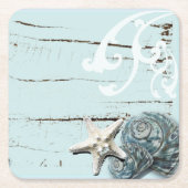 コースタルアクアブルービーチウッドヒトデ貝殻 スクエアペーパーコースター (正面)