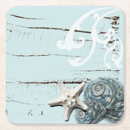 コースタルアクアブルービーチウッドヒトデ貝殻 スクエアペーパーコースター (正面)