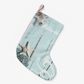コースタルアクアブルービーチウッドヒトデ貝殻 スモールクリスマスストッキング (正面 (吊り時))
