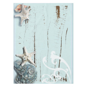 コースタルアクアブルービーチウッドヒトデ貝殻 テーブルクロス