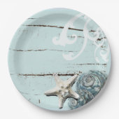 コースタルアクアブルービーチウッドヒトデ貝殻 ペーパープレート (正面)