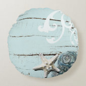 コースタルアクアブルービーチウッドヒトデ貝殻 ラウンドクッション (正面)