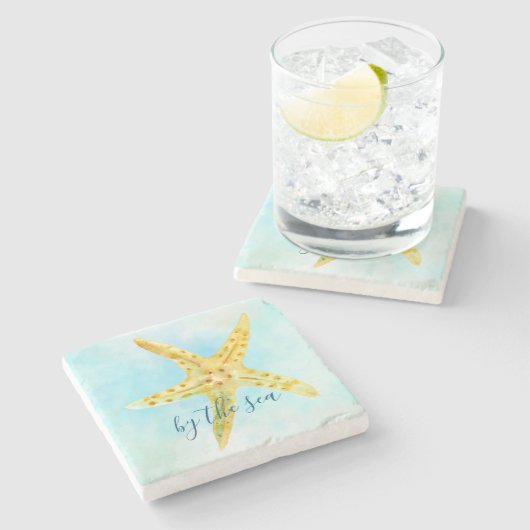 コースタルイエローヒトデアクアウォーターカラー ストーンコースター (横)