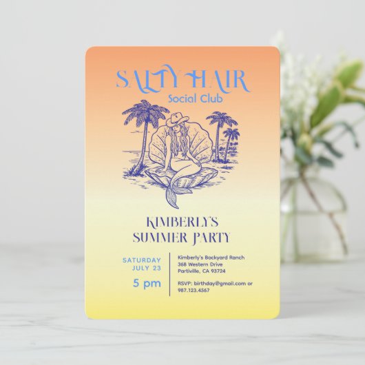コースタルイエローマーメイド女性のカーボーイサマーパーティー 招待状 (スタンド正面)